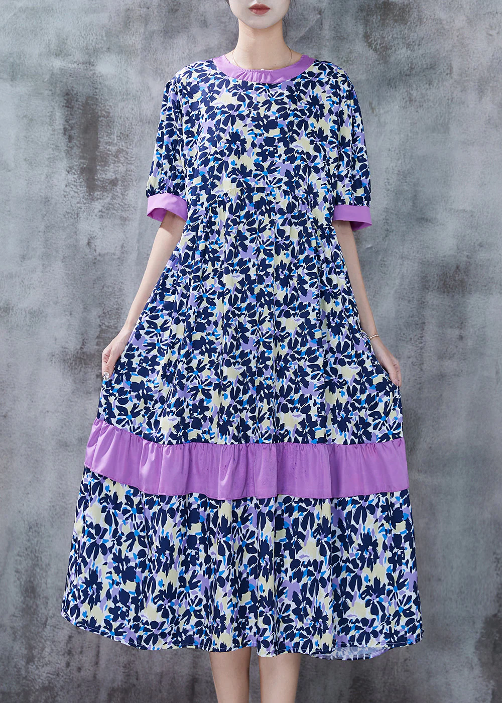 Organic Purple Print Patchwork Cotton Dress Summer - Image 2
