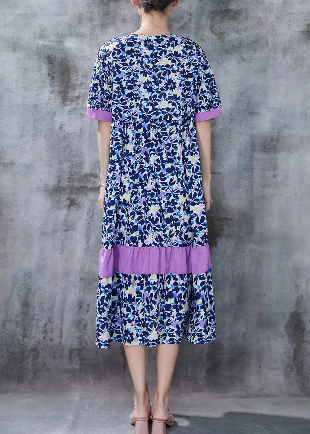 Organic Purple Print Patchwork Cotton Dress Summer - Image 4