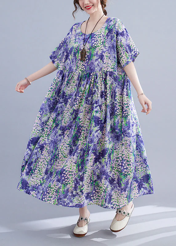 Organic Purple Print Patchwork Cotton Long Dresses Summer - Image 2