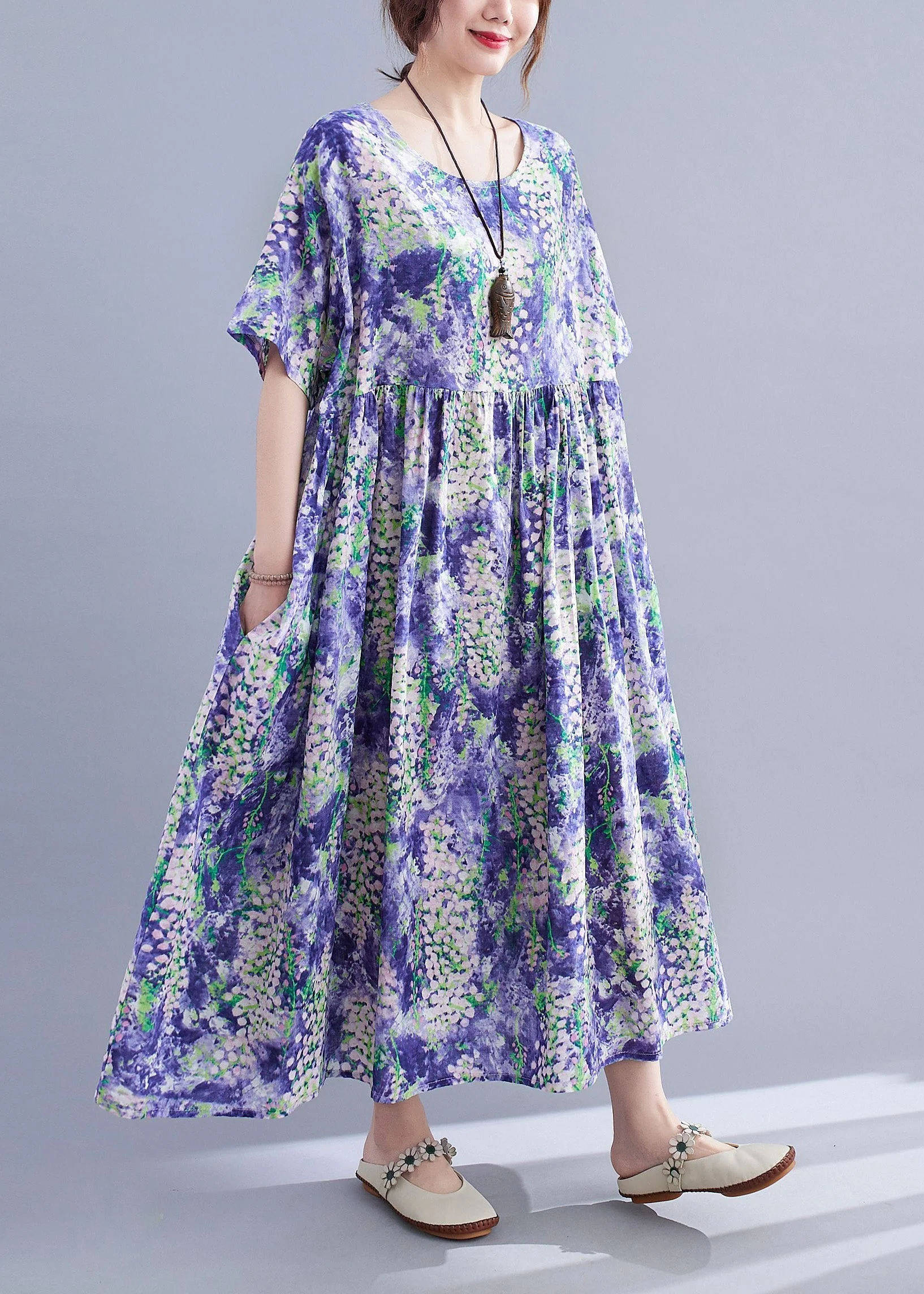 Organic Purple Print Patchwork Cotton Long Dresses Summer - Image 3