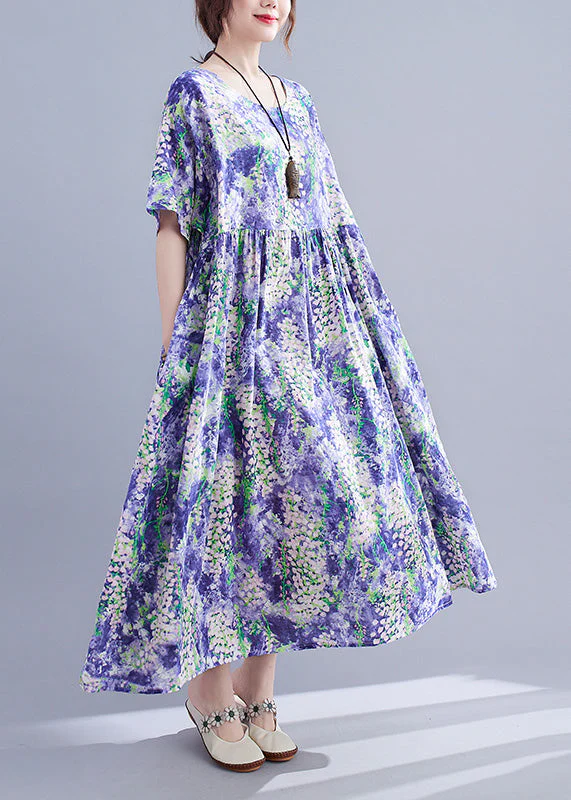 Organic Purple Print Patchwork Cotton Long Dresses Summer - Image 4