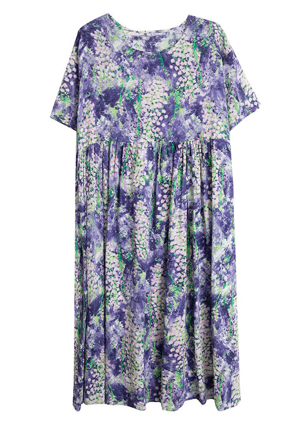 Organic Purple Print Patchwork Cotton Long Dresses Summer - Image 5