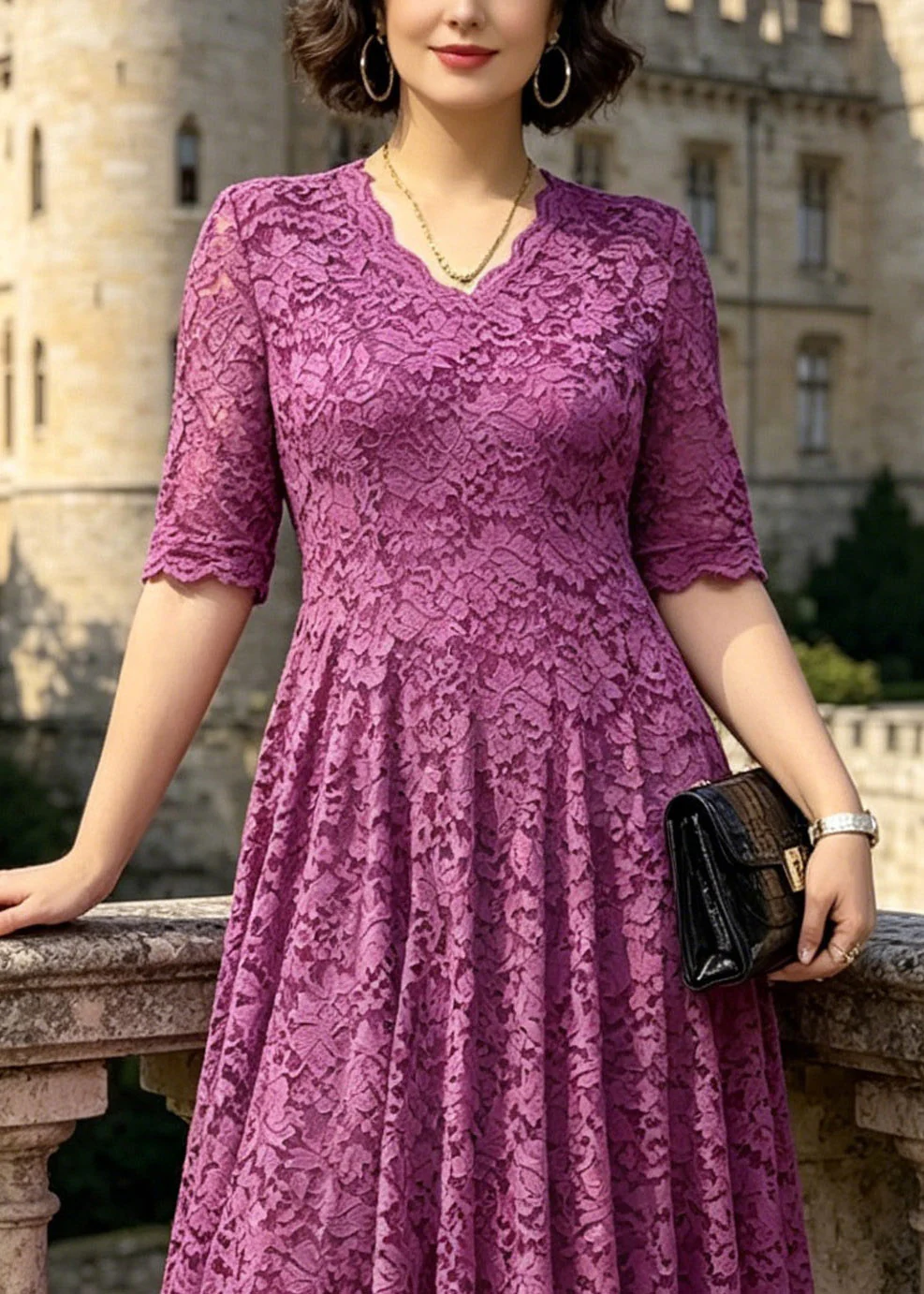 Organic Purple V Neck Floral Lace Long Dress Summer - Image 2