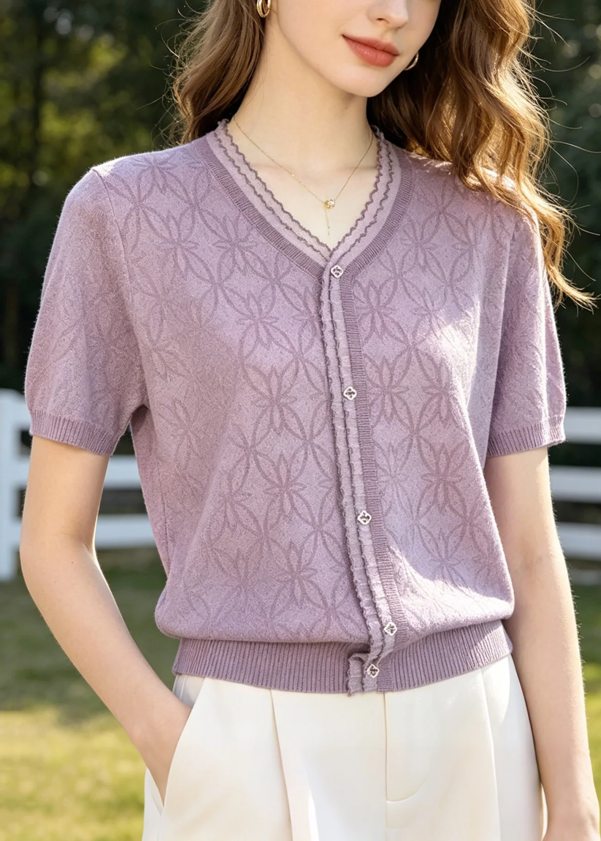 Organic Purple V Neck Jacquard Knit Blouses Summer - Image 3