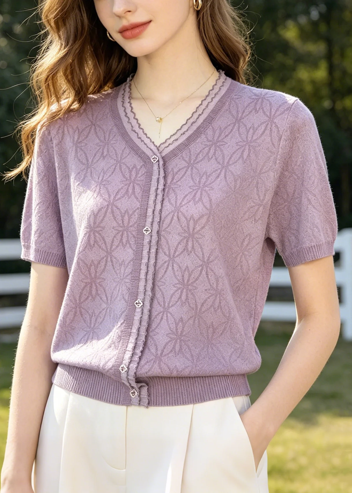Organic Purple V Neck Jacquard Knit Blouses Summer - Image 5