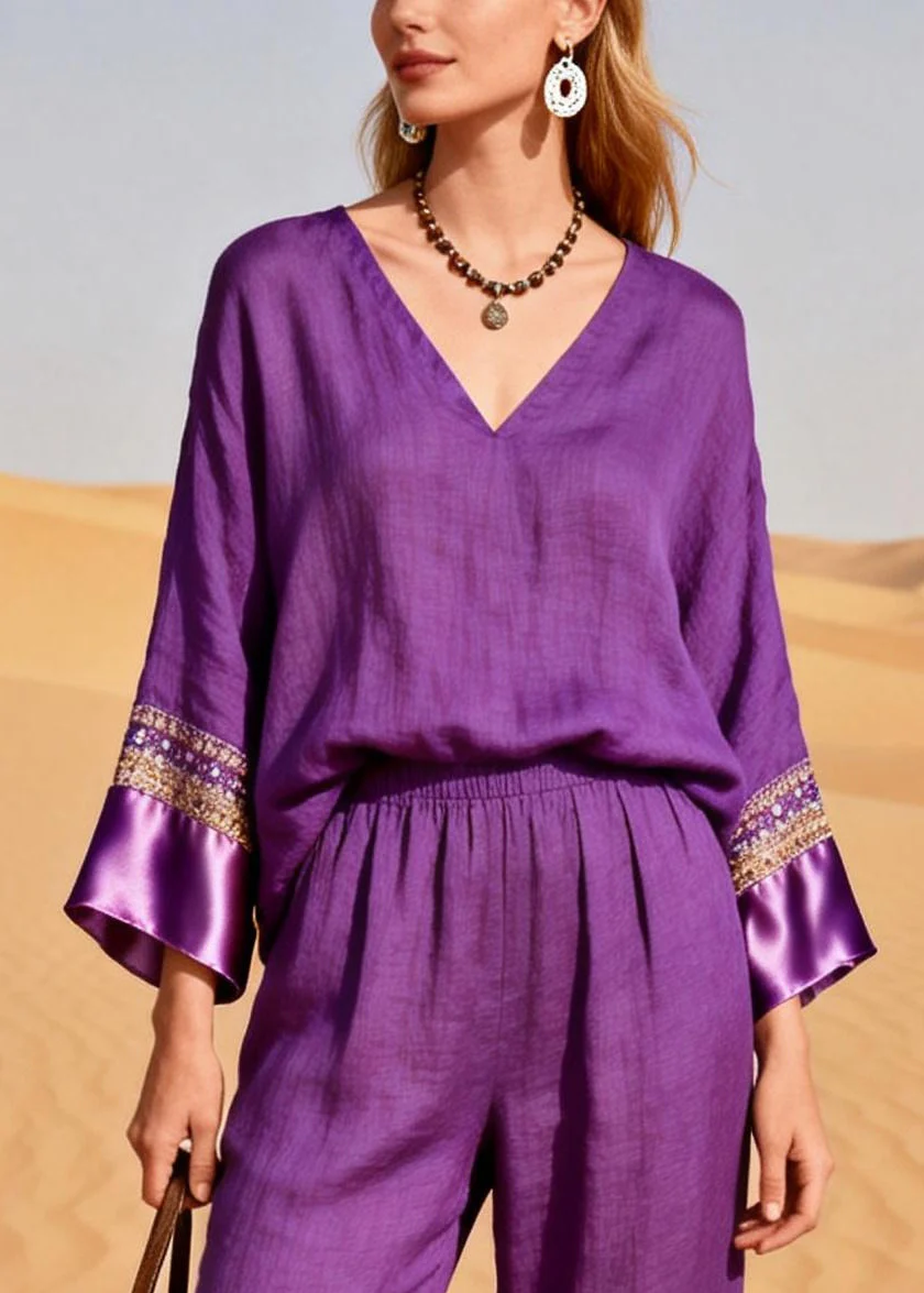 Organic Purple V Neck Patchwork Silk Cotton Two Piece Set Spring - Image 2