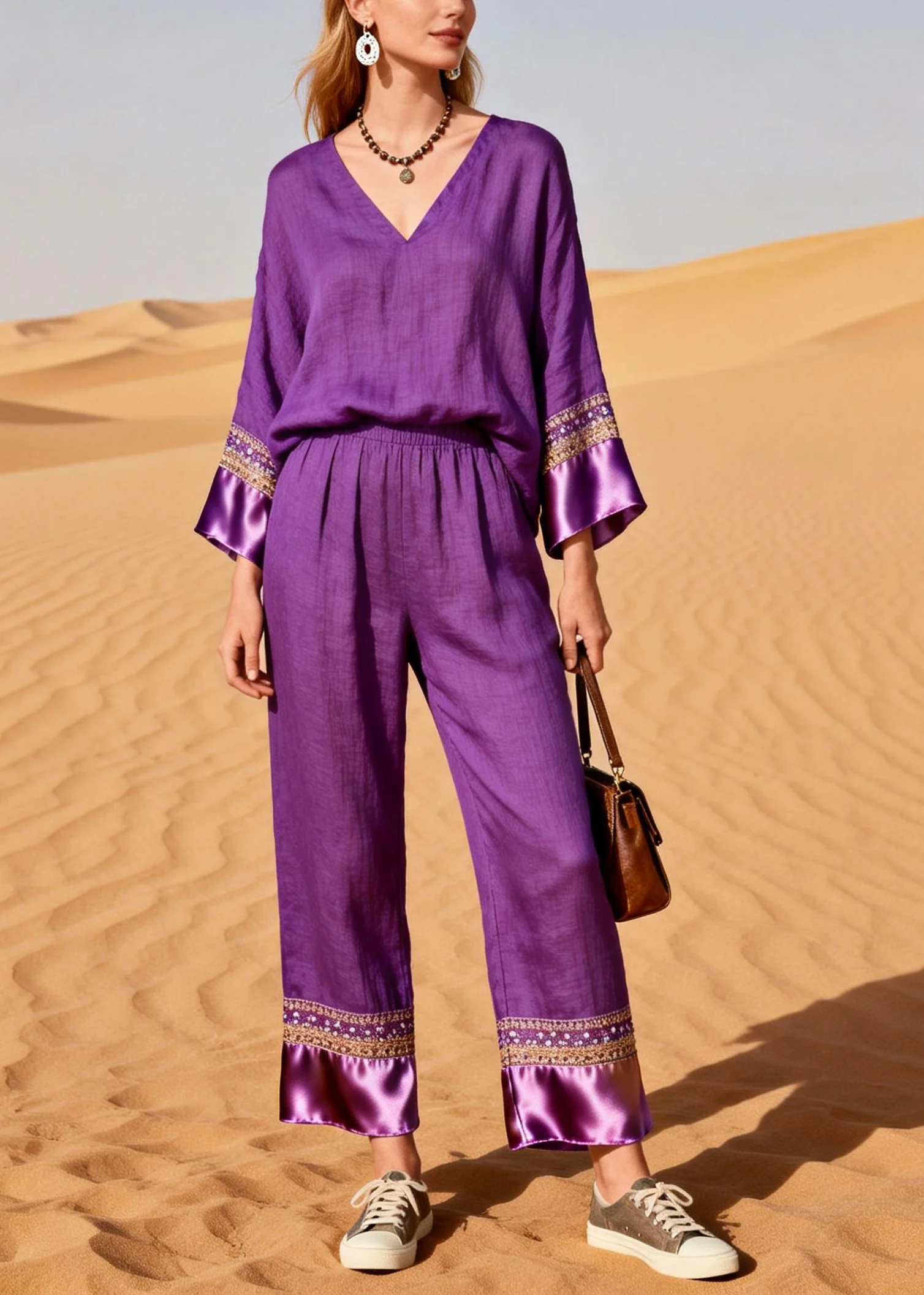 Organic Purple V Neck Patchwork Silk Cotton Two Piece Set Spring - Image 3