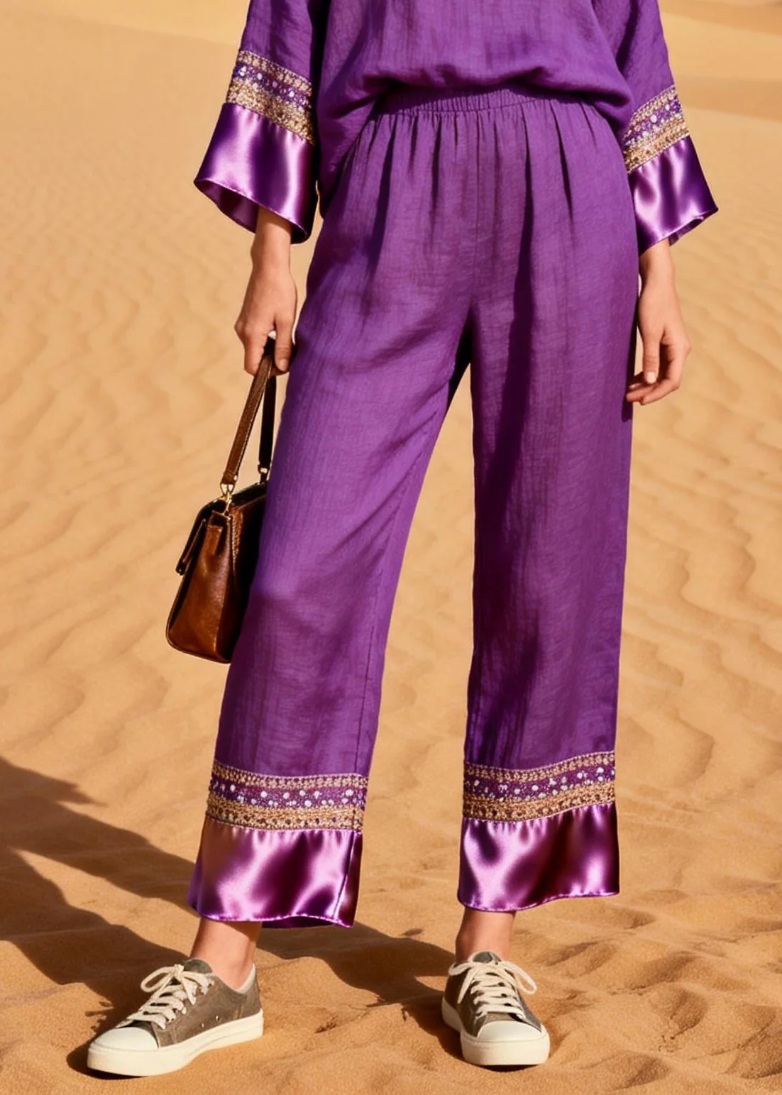 Organic Purple V Neck Patchwork Silk Cotton Two Piece Set Spring - Image 4