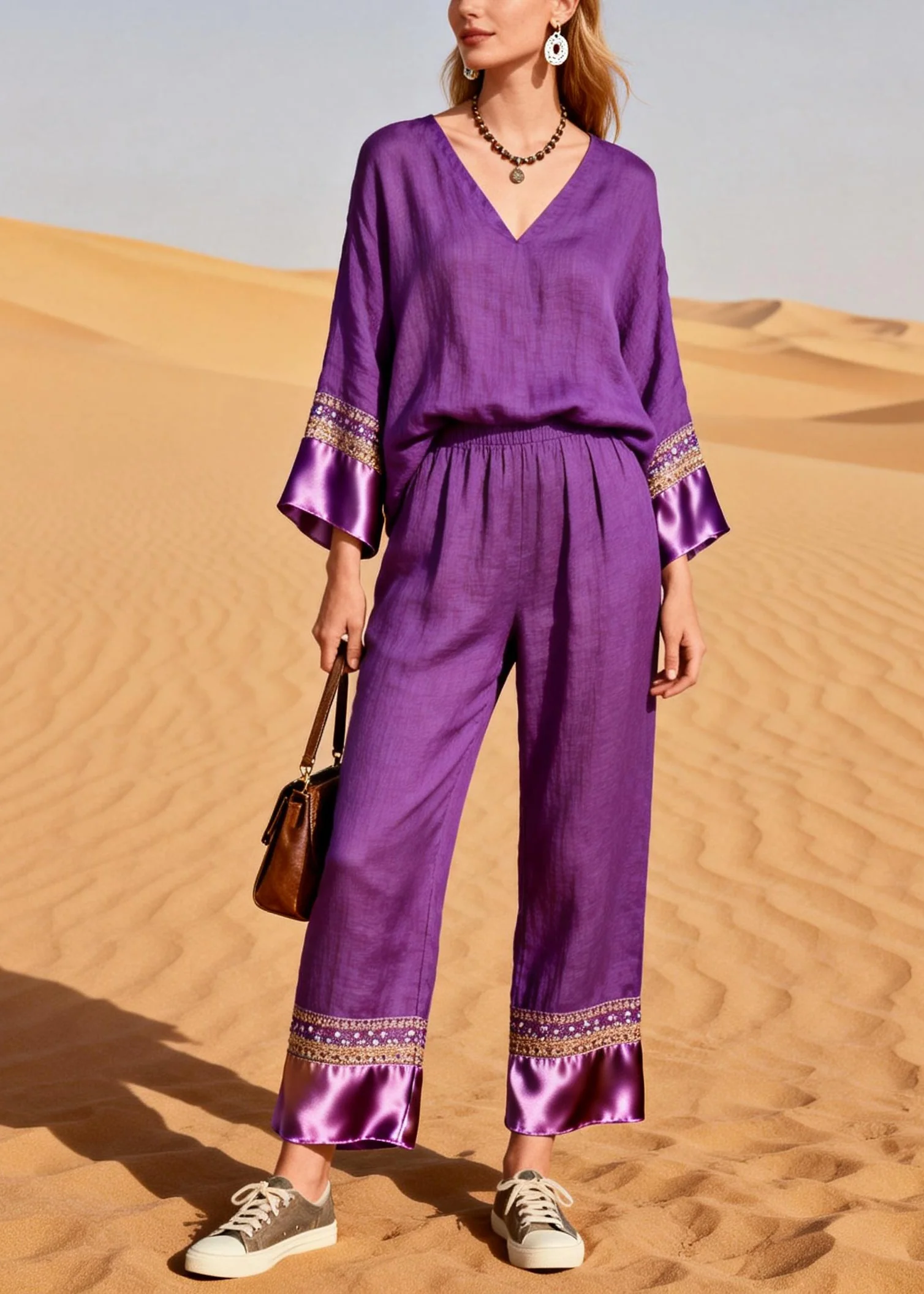 Organic Purple V Neck Patchwork Silk Cotton Two Piece Set Spring - Image 5