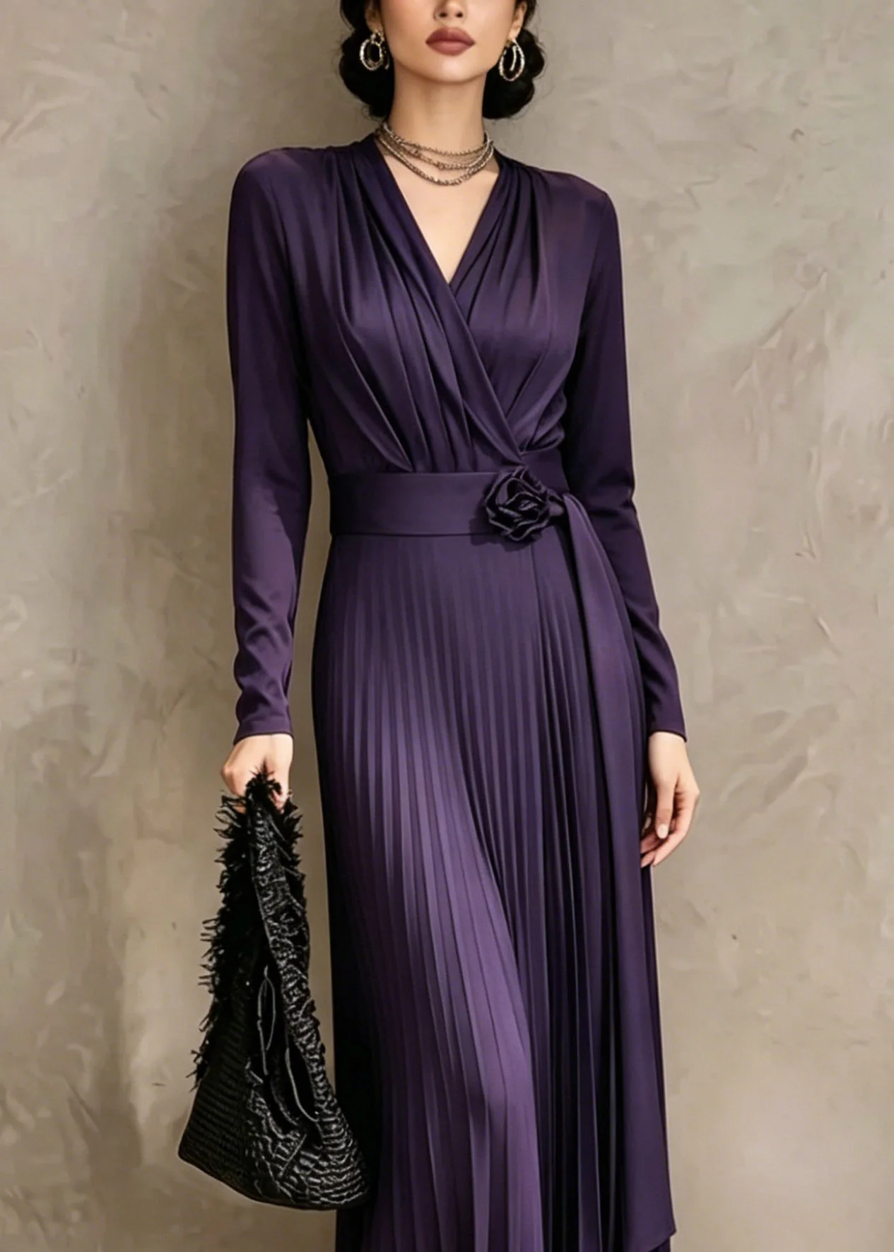 Organic Purple V Neck Tunic Solid Maxi Dress Fall - Image 2