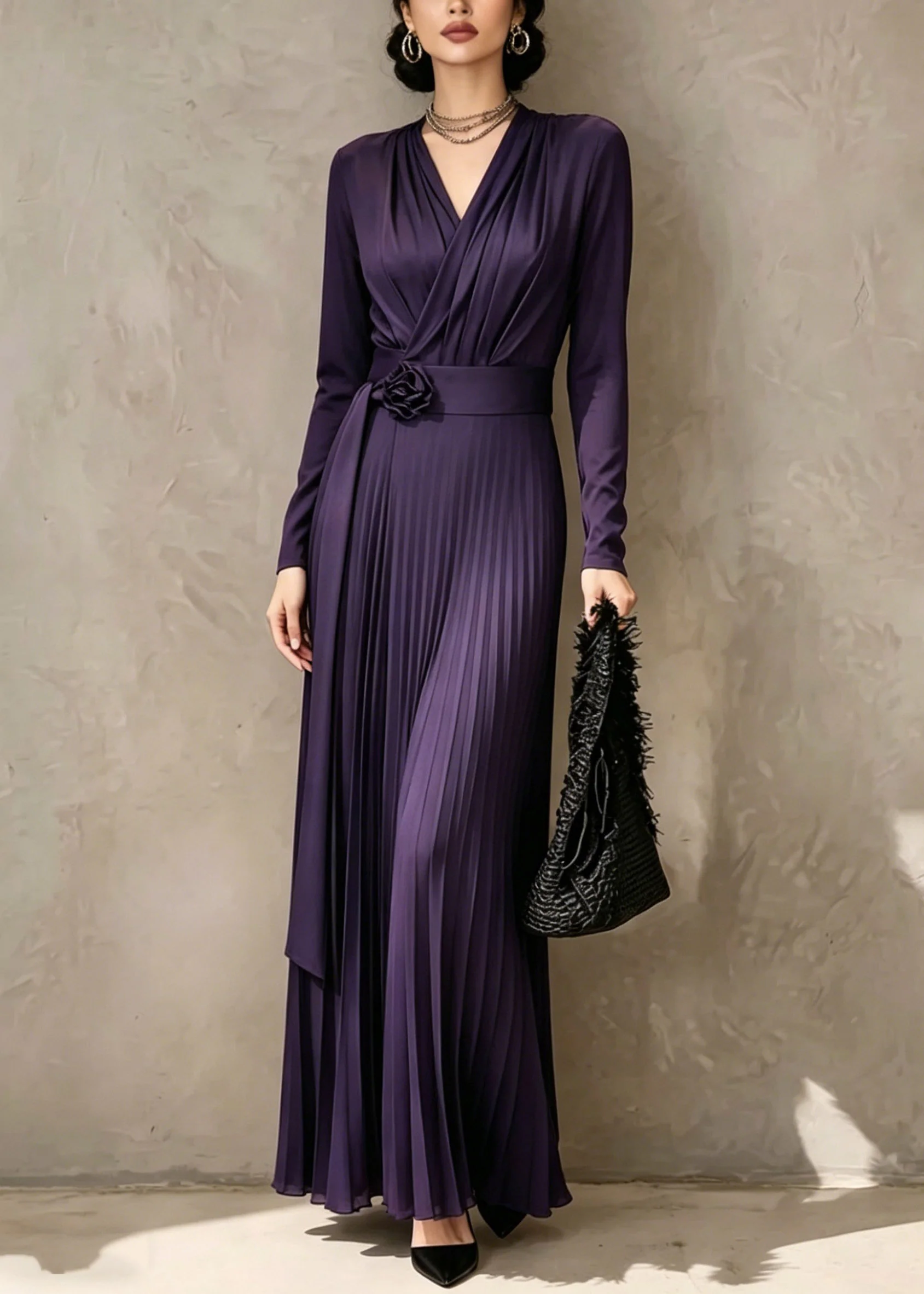 Organic Purple V Neck Tunic Solid Maxi Dress Fall - Image 3