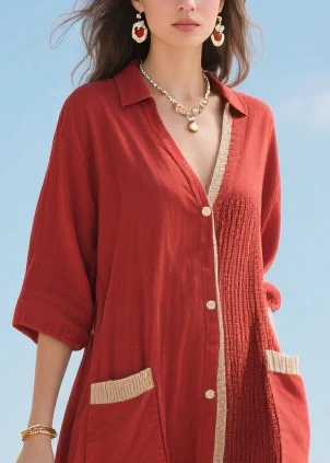 Organic Red Asymmetrical Patchwork Cotton Maxi Dresses Half Sleeve - Image 2