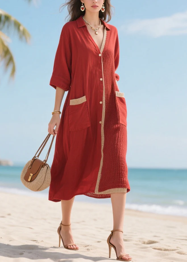 Organic Red Asymmetrical Patchwork Cotton Maxi Dresses Half Sleeve - Image 5