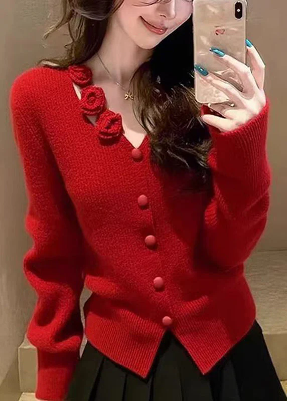 Organic Red Floral Button Cotton Knit Sweater Spring - Image 5
