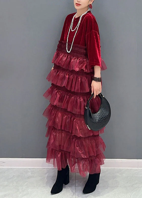 Organic Red O-Neck Tulle Patchwork Silk Velour Maxi Dress Bracelet Sleeve - Image 4