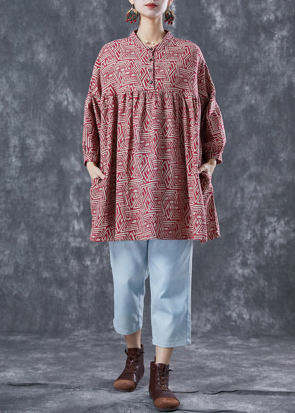Organic Red Oversized Print Cotton A Line Dress Summer - Image 3