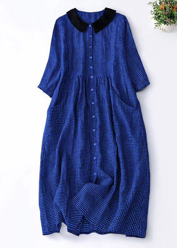 Organic Red Plaid Peter Pan Collar Patchwork Linen Dresses Summer - Image 2