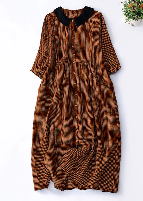 Organic Red Plaid Peter Pan Collar Patchwork Linen Dresses Summer - Image 8