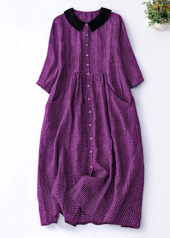 Organic Red Plaid Peter Pan Collar Patchwork Linen Dresses Summer - Image 9