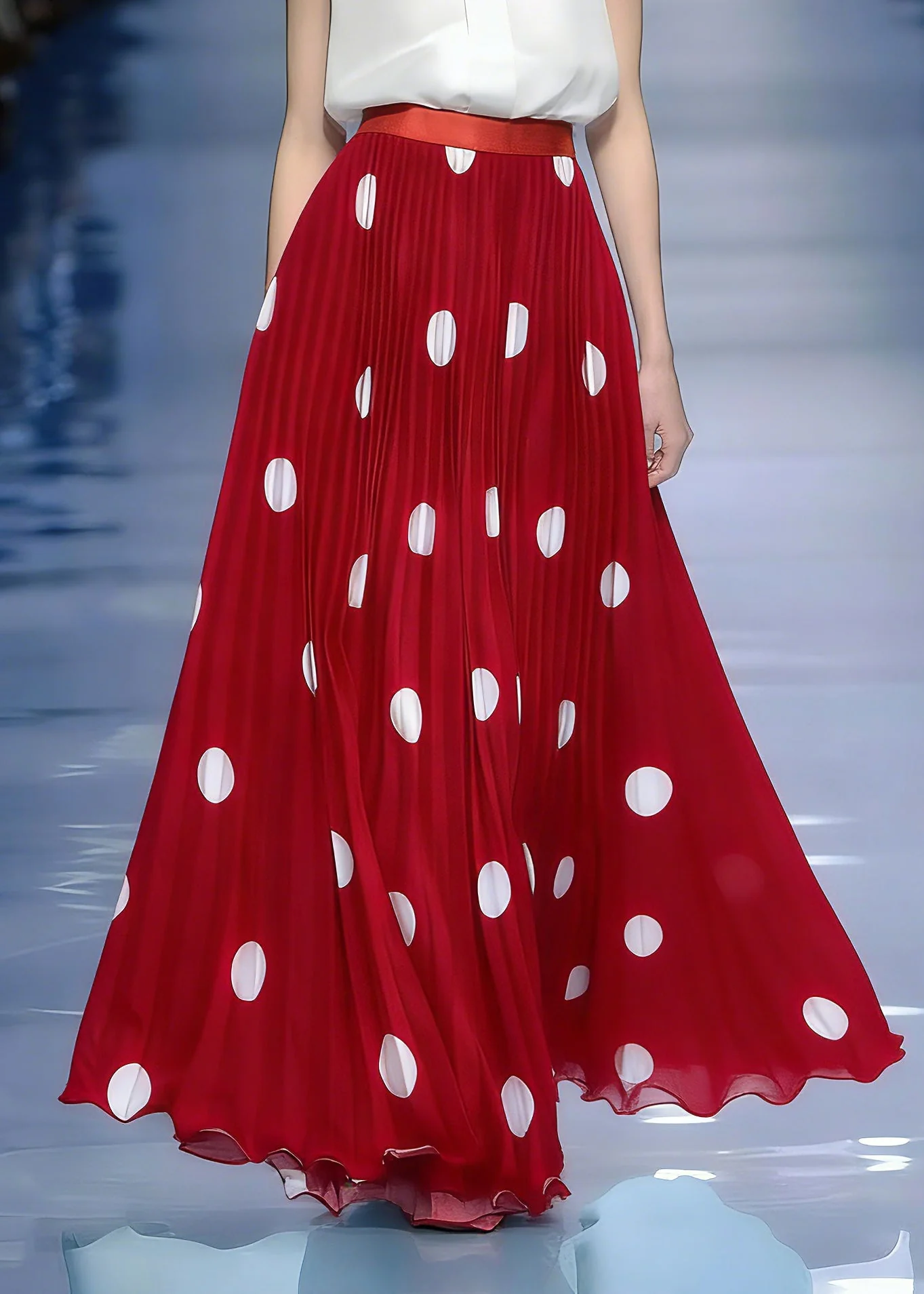 Organic Red Print Elastic Waist Draping Pleated Skirt Spring - Image 3