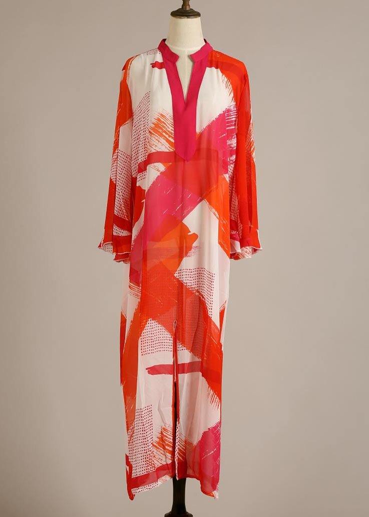 Organic Red Print flare sleeve Chiffon Dress Beach Gown - Image 3