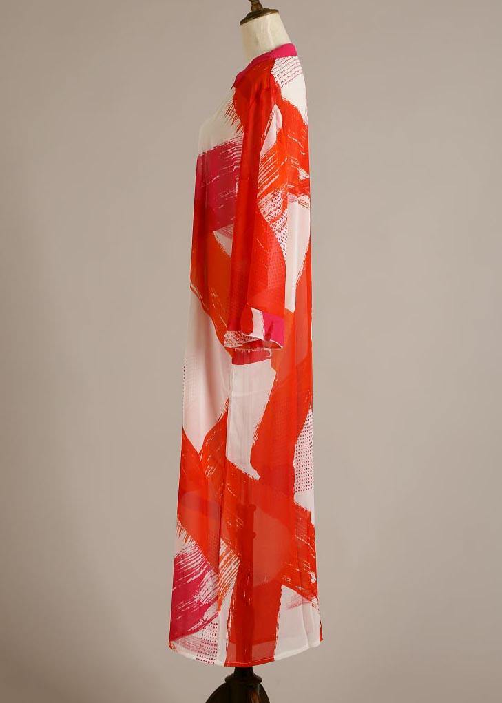 Organic Red Print flare sleeve Chiffon Dress Beach Gown - Image 4