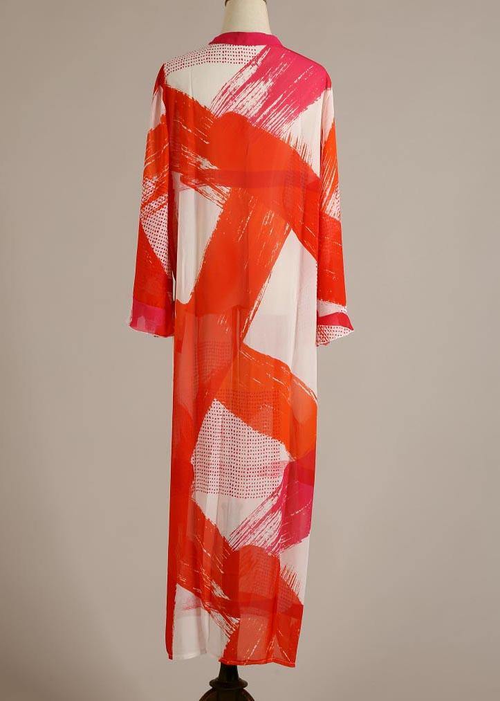 Organic Red Print flare sleeve Chiffon Dress Beach Gown - Image 5