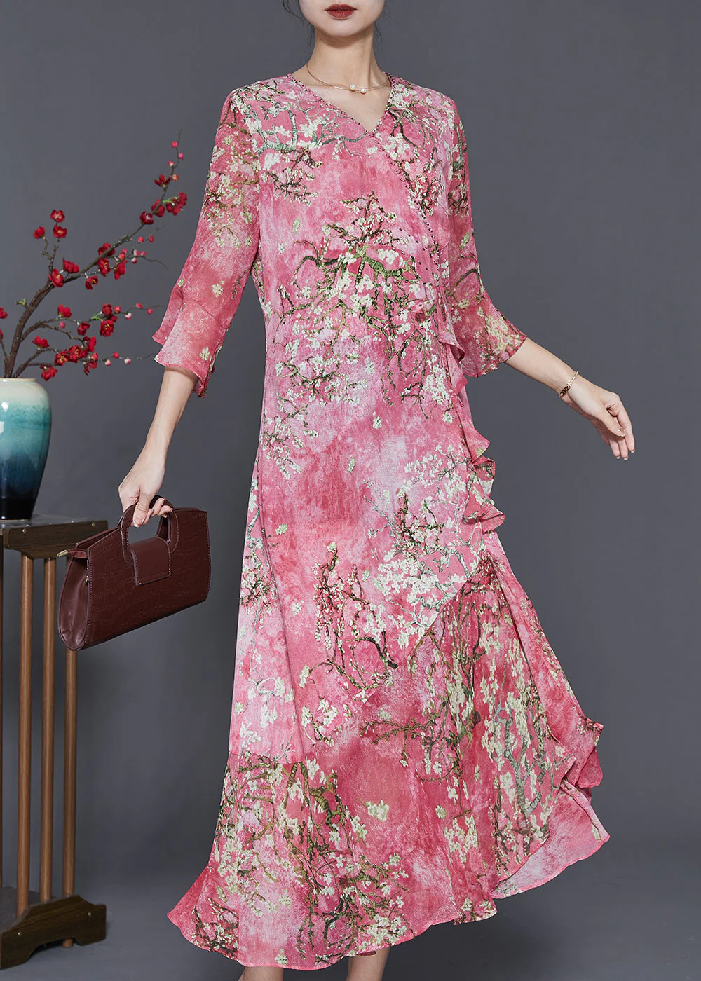 Organic Red Ruffled Print Chiffon Holiday Dress Flare Sleeve - Image 3