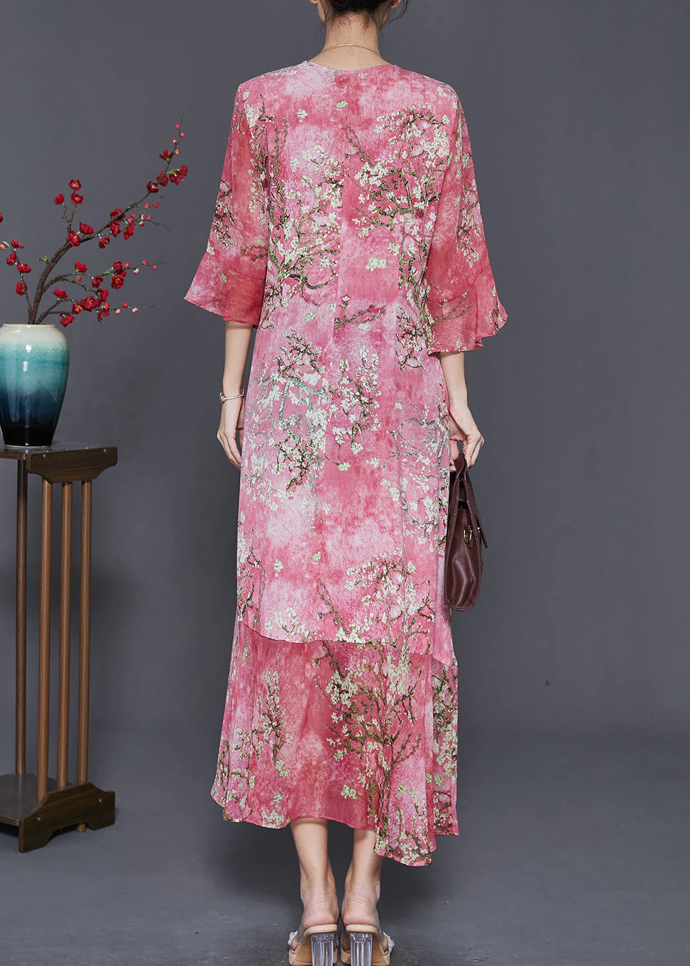 Organic Red Ruffled Print Chiffon Holiday Dress Flare Sleeve - Image 4