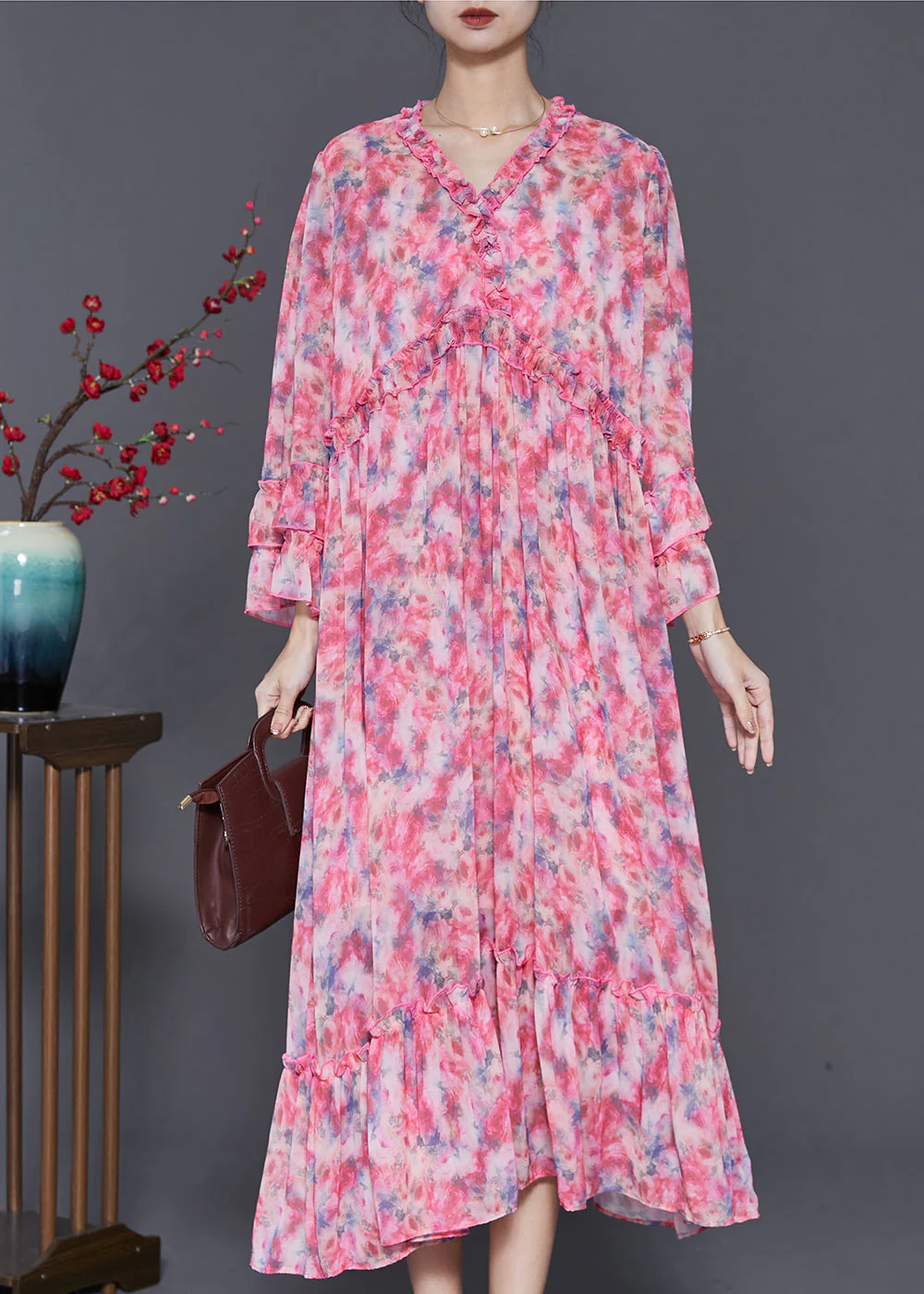 Organic Red Ruffled Print Chiffon Long Dresses Flare Sleeve - Image 2