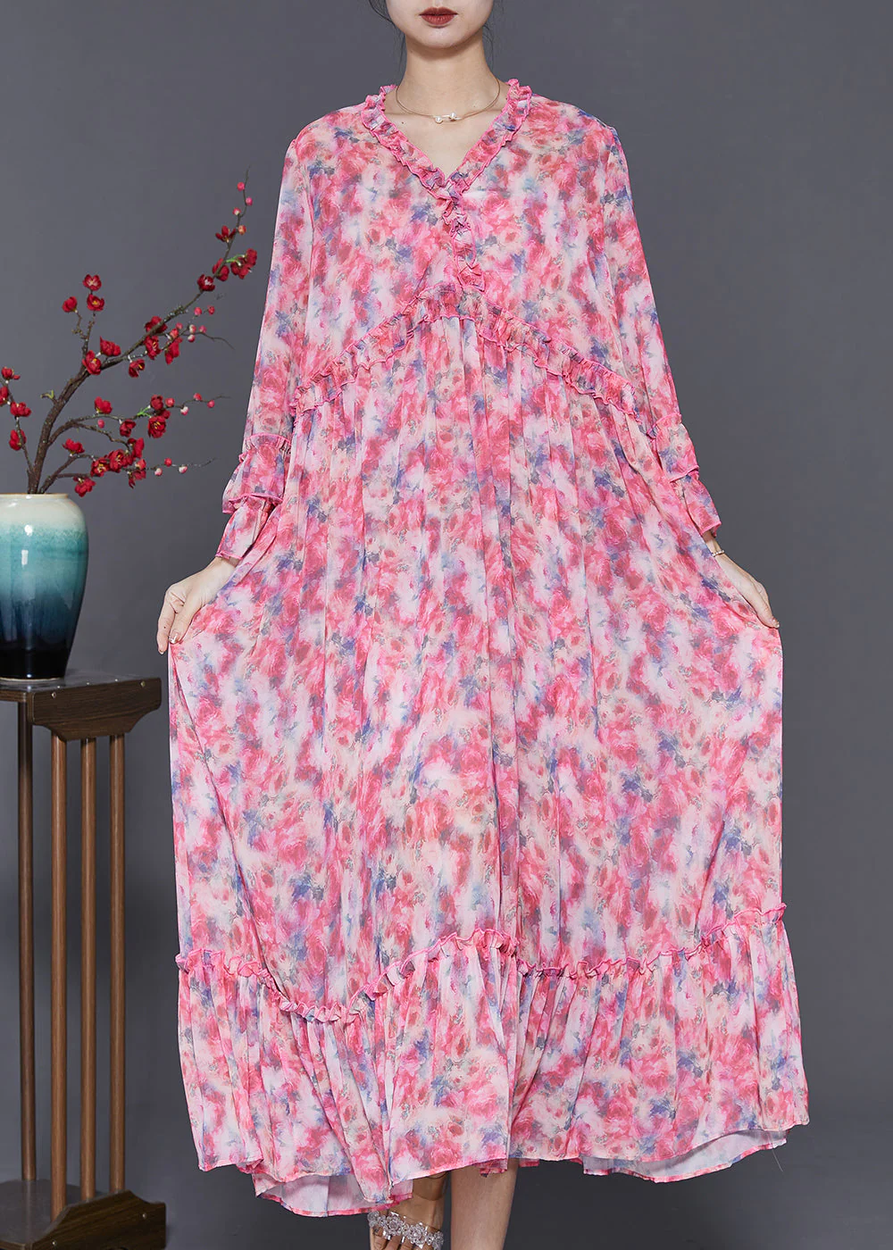 Organic Red Ruffled Print Chiffon Long Dresses Flare Sleeve - Image 3
