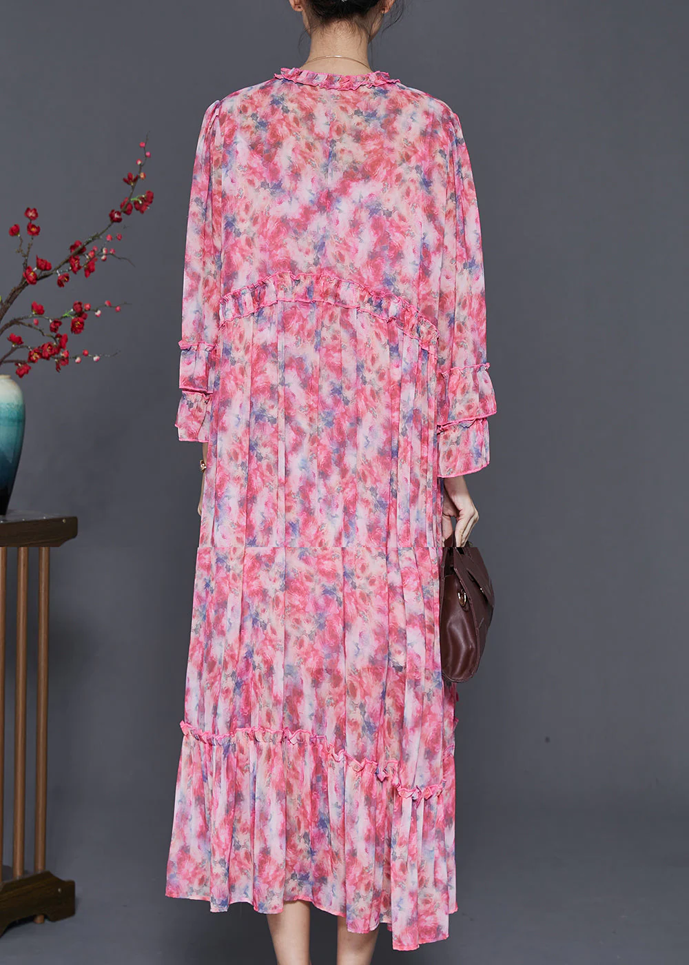 Organic Red Ruffled Print Chiffon Long Dresses Flare Sleeve - Image 4