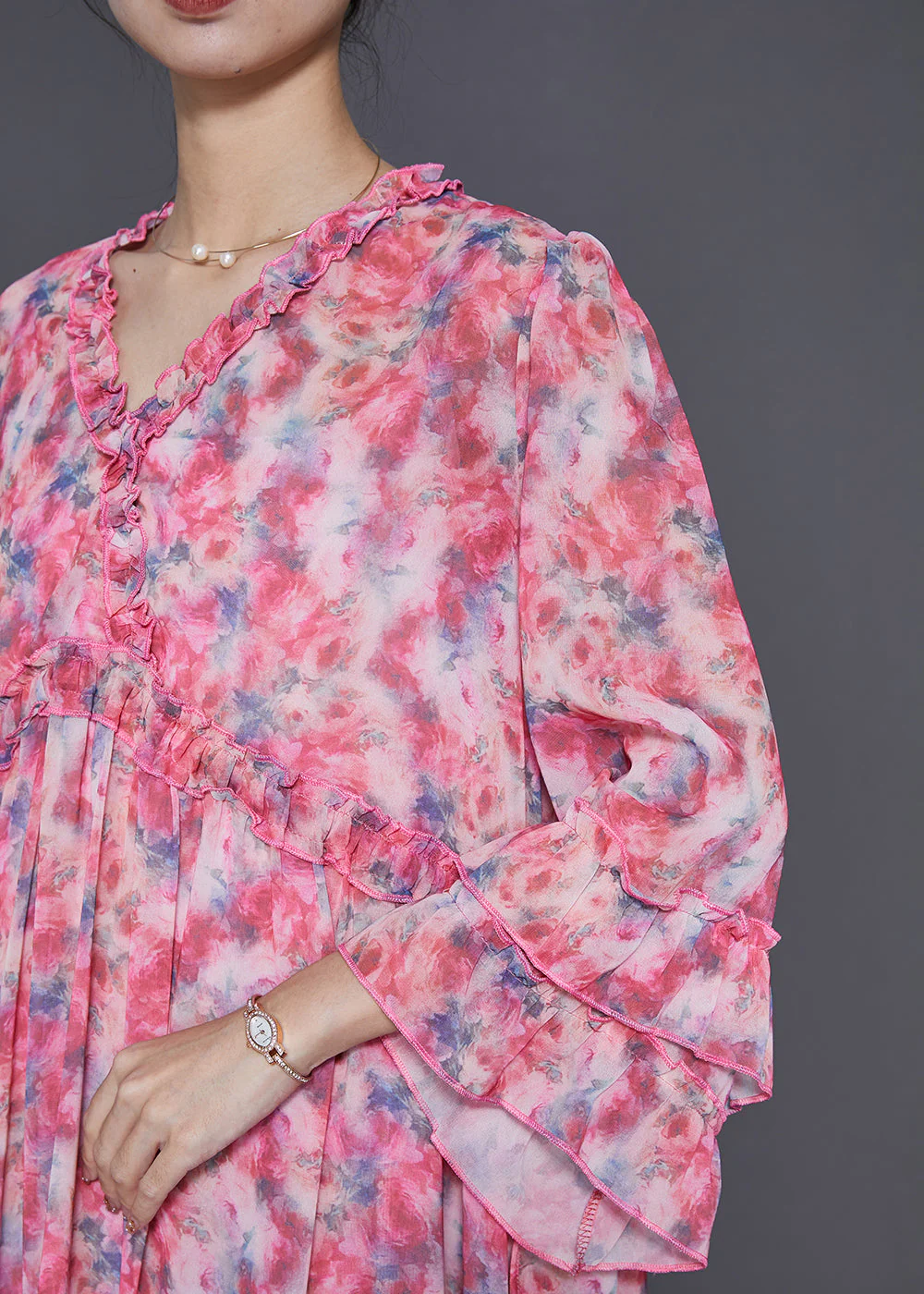 Organic Red Ruffled Print Chiffon Long Dresses Flare Sleeve - Image 5