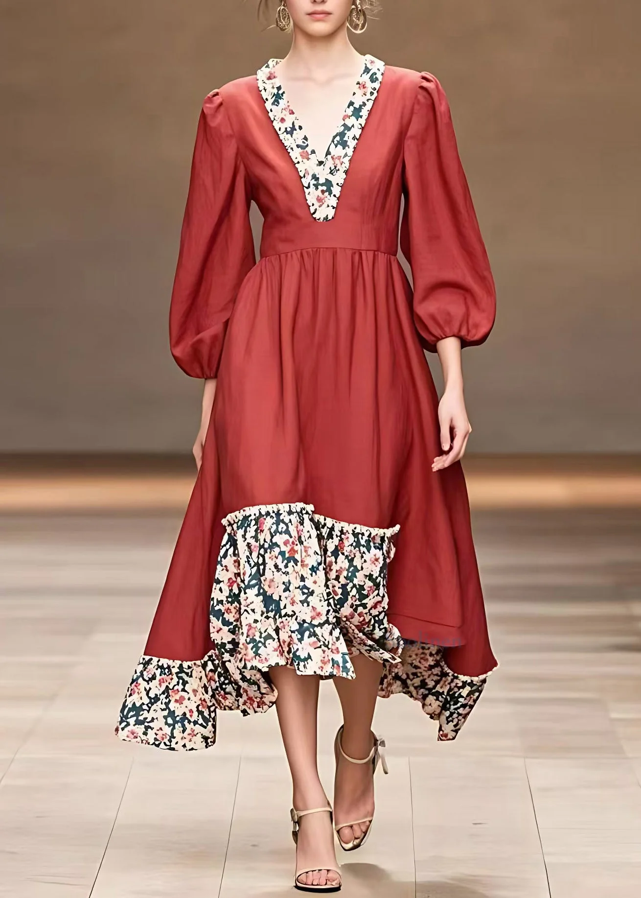 Organic Red Ruffled Print Long Dresses Fall - Image 2