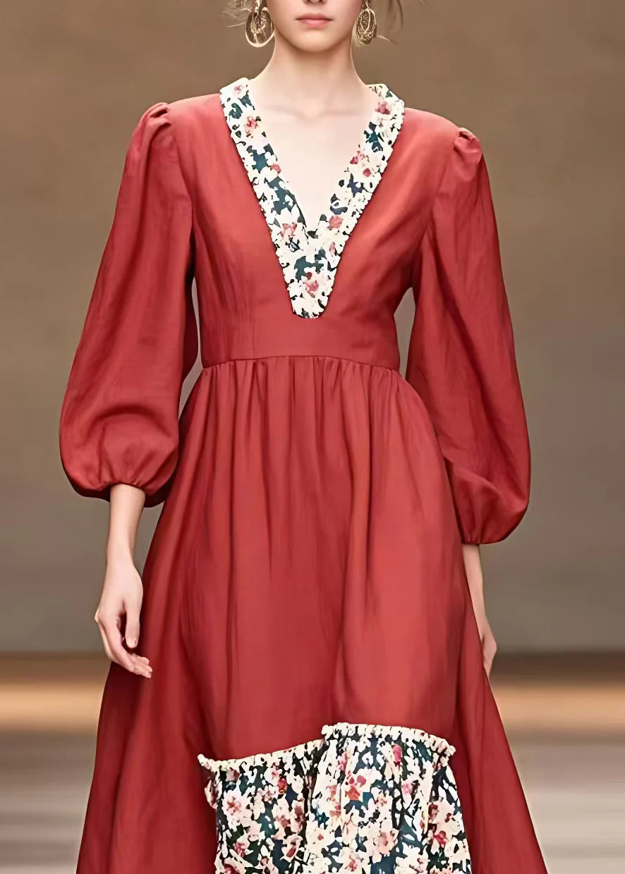 Organic Red Ruffled Print Long Dresses Fall - Image 3