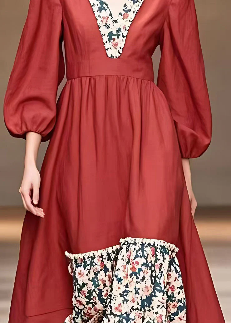 Organic Red Ruffled Print Long Dresses Fall - Image 4