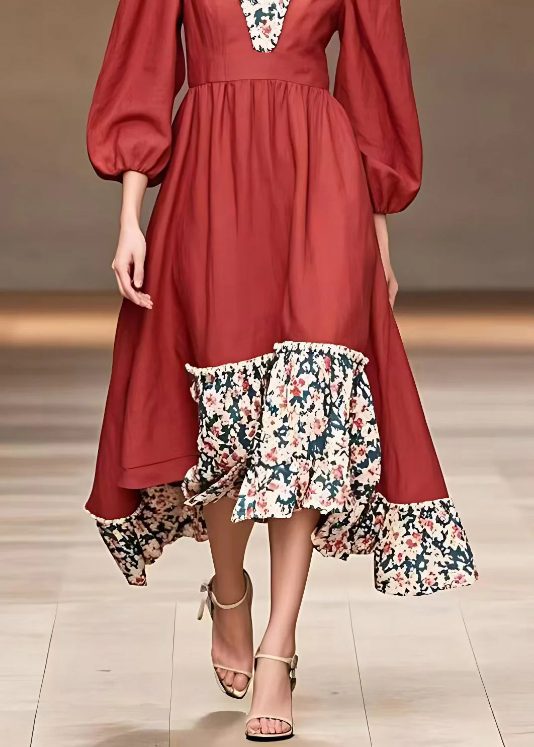 Organic Red Ruffled Print Long Dresses Fall - Image 5