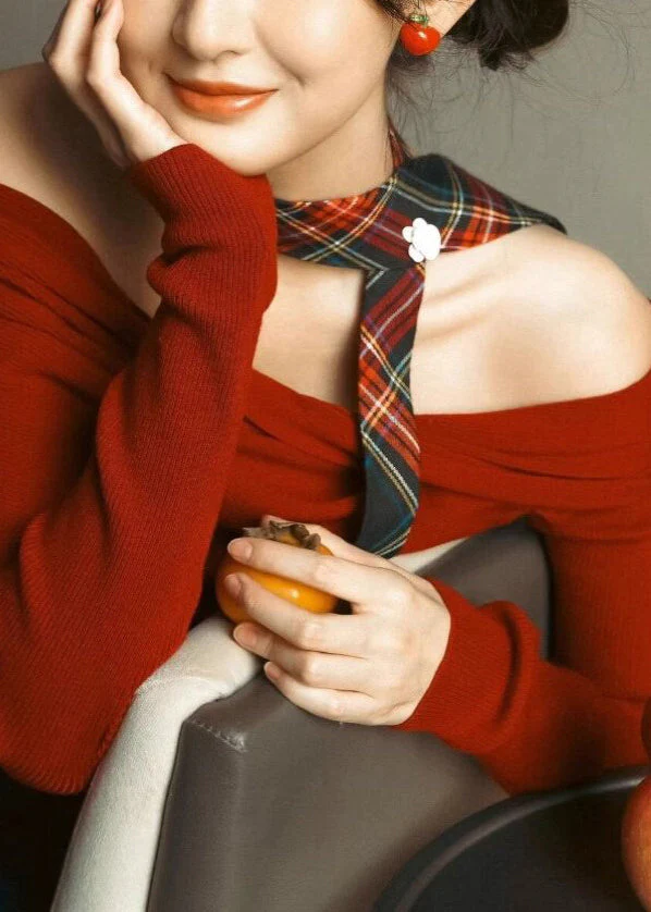 Organic Red Slash Neck Cotton Knit Sweaters Spring - Image 4