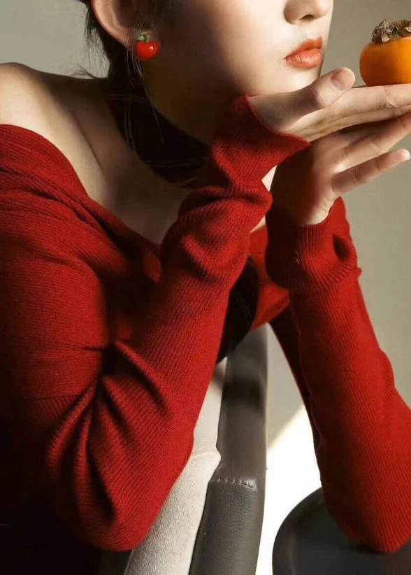 Organic Red Slash Neck Cotton Knit Sweaters Spring - Image 5
