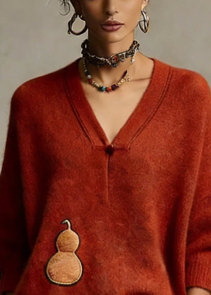 Organic Red V Neck Cotton Knit Sweater Spring - Image 2