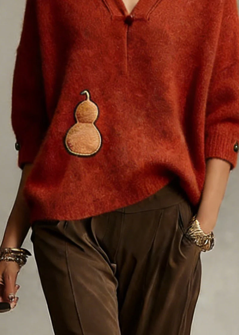 Organic Red V Neck Cotton Knit Sweater Spring - Image 4