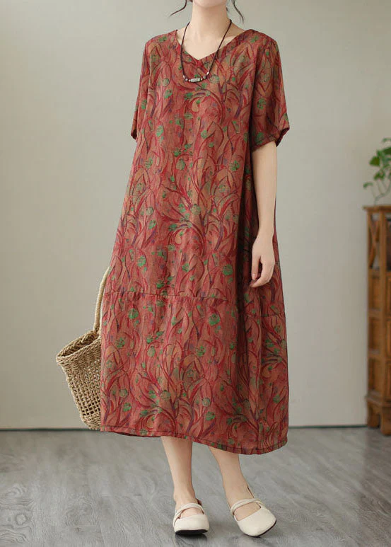 Organic Red V Neck Print Patchwork Cotton Long Dresses Summer - Image 3