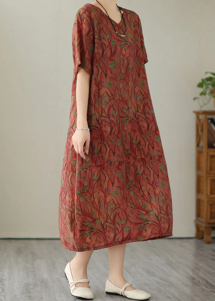 Organic Red V Neck Print Patchwork Cotton Long Dresses Summer - Image 4