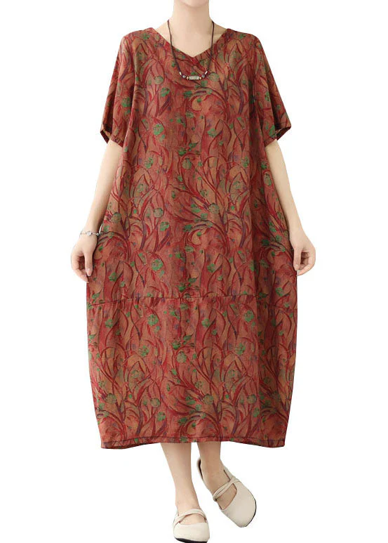 Organic Red V Neck Print Patchwork Cotton Long Dresses Summer - Image 5