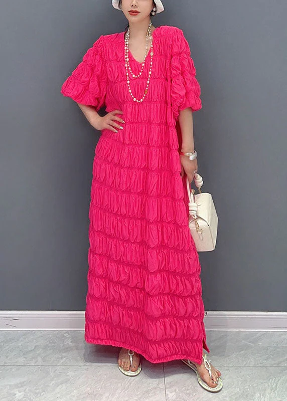 Organic Red V Neck Wrinkled Patchwork Cotton Dresses Summer - Image 2