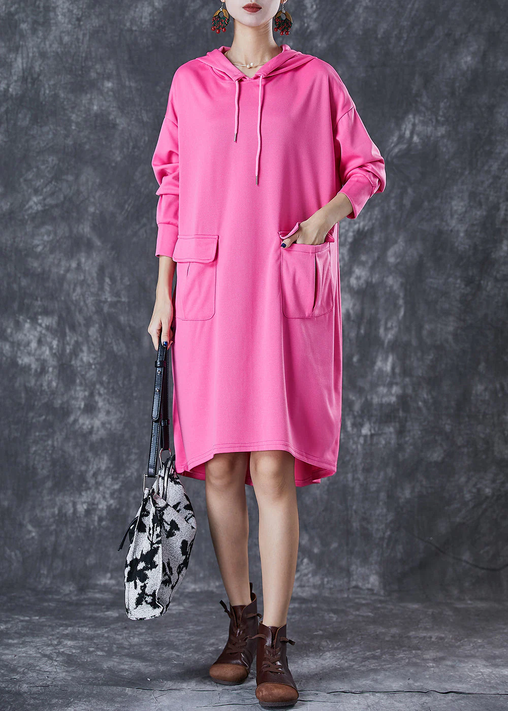 Organic Rose Oversized Pockets Cotton Sweatshirts Dress Fall - Image 2