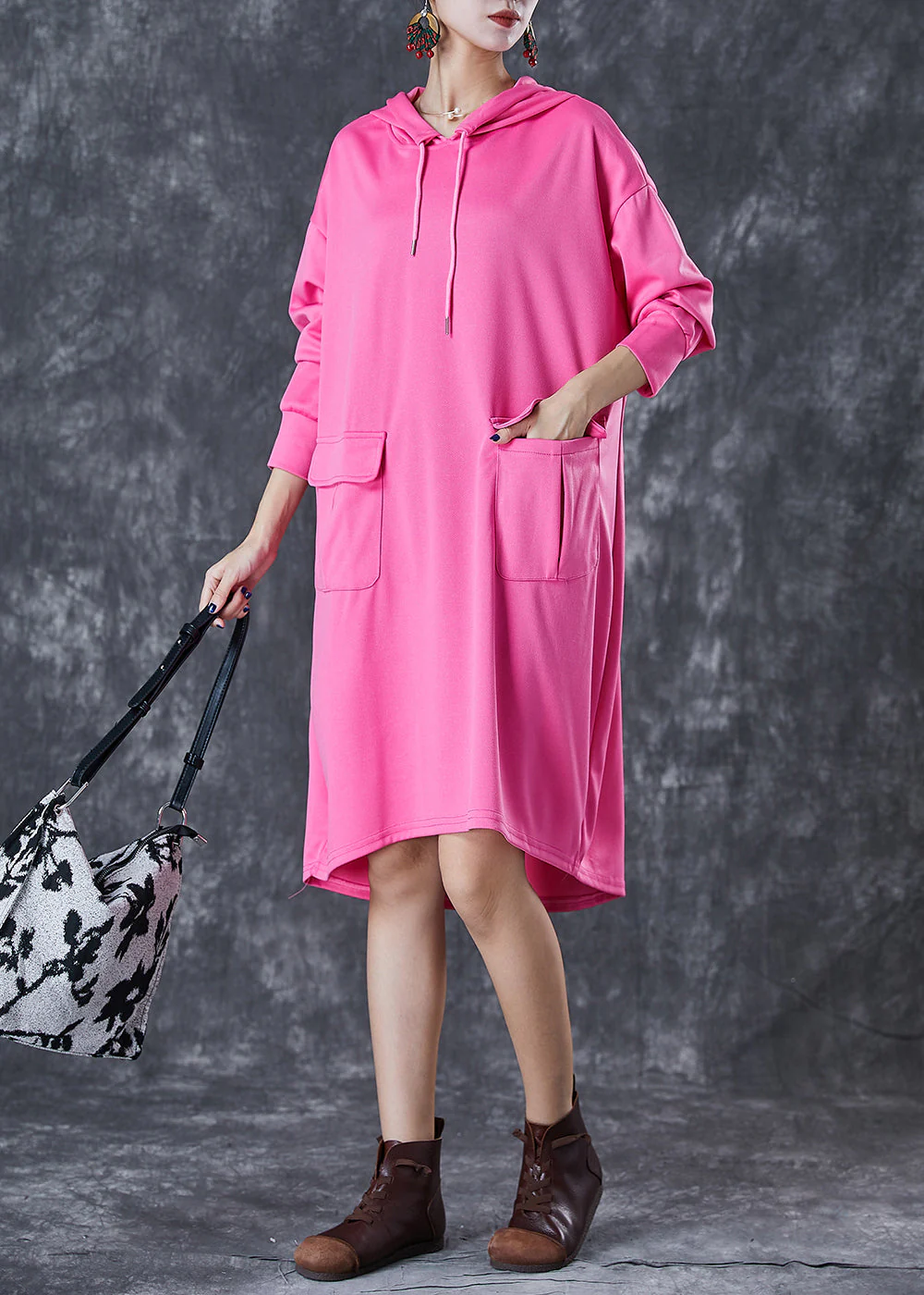 Organic Rose Oversized Pockets Cotton Sweatshirts Dress Fall - Image 3