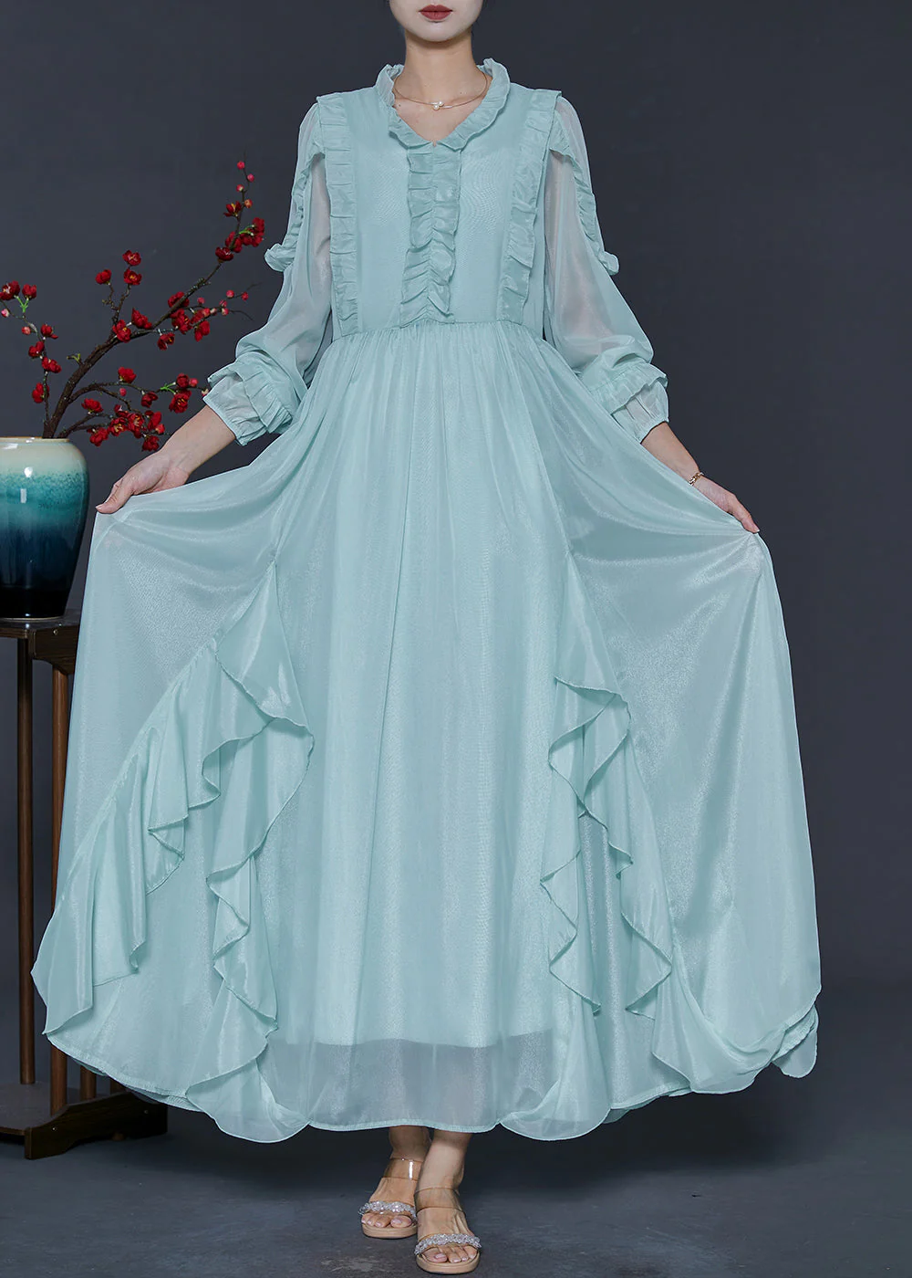 Organic Sky Blue Ruffled Chiffon Full Dresses Spring - Image 3