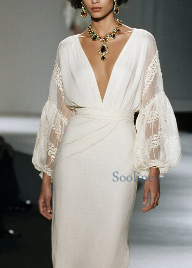 Organic V Neck Lace Patchwork Cotton Dress Spring - Image 2