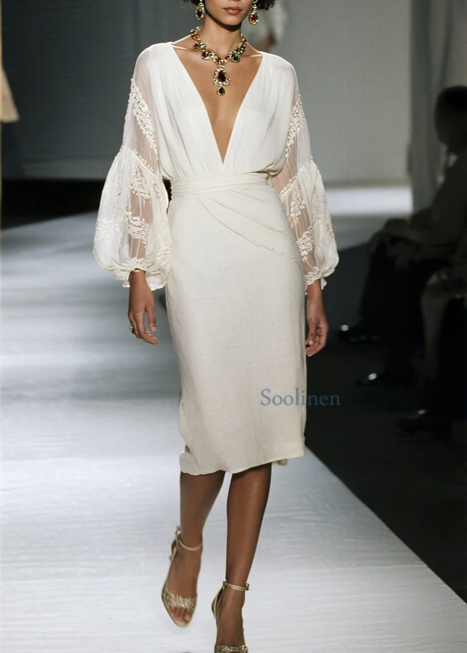 Organic V Neck Lace Patchwork Cotton Dress Spring - Image 3